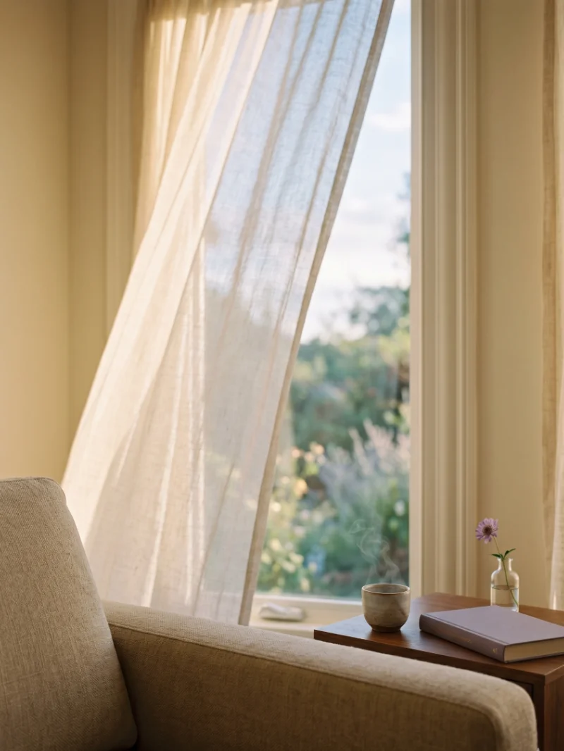 A view from a treatment chair — sheer linen curtains lifted by a breeze, a garden beyond, a small steaming cup and a single bud-vase on a walnut side table.